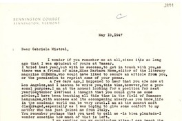 [Carta] 1947 mayo 10, Bennington, Vermont [a] Gabriela Mistral, California