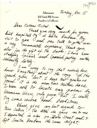 [Carta] [1947] dic. 15, Pasadena, California, [EE.UU.] [a] [Gabriela] Mistral