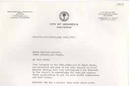 [Carta] 1947 mayo 20, Monrovia, California [a] Gabriela Mistral, Santa Bárbara, California