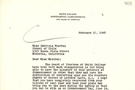 [Carta] 1948 feb. 27, Northampton, Massachusetts [a] Gabriela Mistral, Monrovia, California