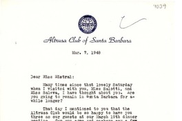 [Carta] 1948 mar. 7, Santa Bárbara, [California] [a] Gabriela Mistral
