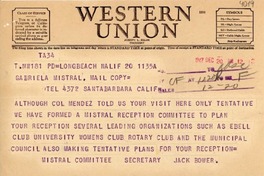[Telegrama] 1947 dic. 20, Long Beach, California [a] Gabriela Mistral, Santa Bárbara, California