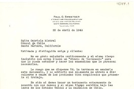 [Carta] 1948 abr. 22, Santa Barbara, California, [EE.UU.] [a la] Srta. Gabriela Mistral, Cónsul de Chile, Santa Bárbara, California, [EE.UU.]