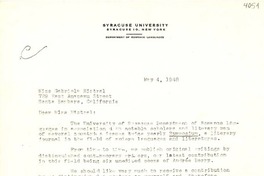 [Carta] 1948 mayo 4, [Syracuse, New York] [a] Gabriela Mistral, Santa Bárbara, California