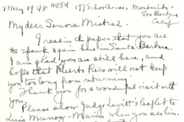 [Tarjeta] 1948 mayo 1, Santa Barbara, California [a] Gabriela Mistral