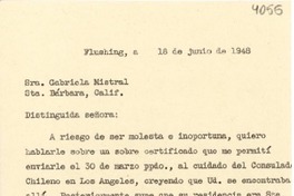 [Carta] 1948 jun. 18, New York [a] Gabriela Mistral, Santa Bárbara, California