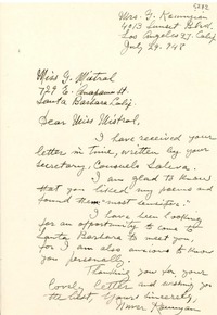 [Carta] 1948 jul. 29, Los Ángeles, California [a] Gabriela Mistral, Santa Bárbara, California