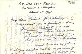 [Carta] 1949 mar. 17, Baltimore, Maryland [a] Gabriela Mistral