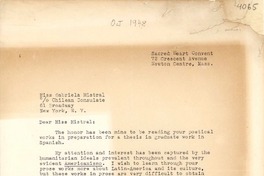 [Carta] 1948, Massachusetts [a] Gabriela Mistral, New York