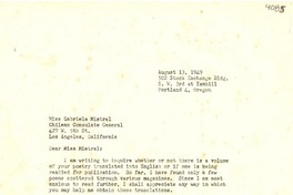 [Carta] 1949 ago. 13, Portland, Oregon [a] Gabriela Mistral, Los Angeles, California