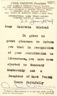 [Tarjeta] 1949 ene. 22, Webster Groves, Missouri [a] Gabriela Mistral