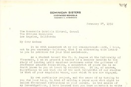 [Carta] 1950 feb. 27, Madison, Wisconsin, [E.E.U.U.] [a] Gabriela Mistral, Los Angeles, California, [E.E.U.U.]