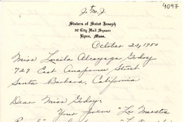 [Carta] 1950 oct. 23, Lynn, Massachusetts [a] Lucila Godoy Alcayaga, Santa Bárbara, California