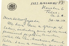[Carta] 1950 oct. 30, Houston, Texas [a] Señor Gayardo