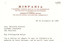 [Carta] 1951 dic. 22, Wallingford, Connecticut, [EE.UU.] [a] Gabriela Mistral, Chilean Consulate, San Francisco, [EE.UU.]