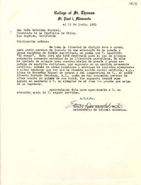 [Carta] 1951 jun. 16, St. Paul, Minnesota [a] Gabriela Mistral, Los Ángeles, California