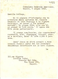 [Carta] 1952 giugno 9, Nápoles, Italia [a] Lucilla [i.e. Lucila] Godoy, Console del Cile, Nápoles, [Italia]