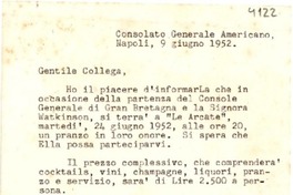 [Carta] 1952 giugno 9, Nápoles, Italia [a] Lucilla [i.e. Lucila] Godoy, Console del Cile, Nápoles, [Italia]