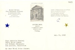 [Carta] 1952 ago. 22, Spencer, Massachusetts, EE.UU. [a] Gabriela Mistral, Los Angeles, California, [EE.UU.]