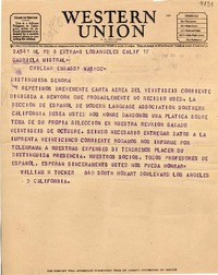 [Telegrama] 1953 mayo 18, Los Angeles, California, [EE.UU.] [a] Gabriela Mistral, Washington D. C., [EE.UU.]