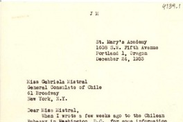 [Carta] 1953 dic. 24, Portland, Oregon [a] Gabriela Mistral, New York
