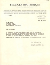 [Carta] 1954 mayo 29, New York [a] Dr. M. J. Bates, New York