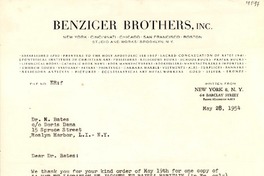 [Carta] 1954 mayo 29, New York [a] Dr. M. J. Bates, New York