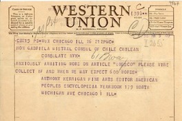 [Telegrama] 1955 ene. 26, Chicago, Ill. [a] Gabriela Mistral, New York