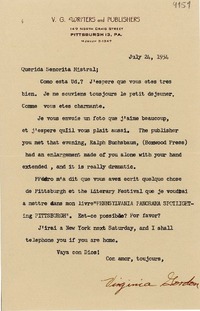 [Carta] 1954 jul. 24, Pittsburgtt, Pennsylvania [a] Gabriela Mistral
