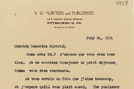 [Carta] 1954 jul. 24, Pittsburgtt, Pennsylvania [a] Gabriela Mistral