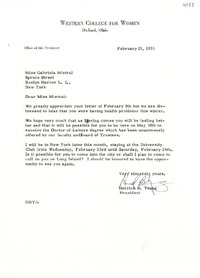 [Carta] 1955 feb. 15, [Oxford, Ohio] [a] Gabriela Mistral