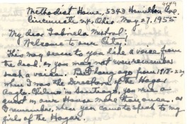 [Tarjeta] 1955 mayo 27, Cincinnati, Ohio [a] Gabriela Mistral