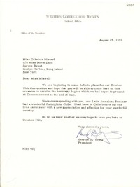 [Carta] 1955 ago. 29, Oxford, Ohio [a] Gabriela Mistral, New York