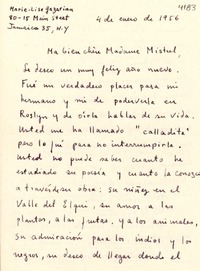 [Carta] 1956 ene. 4, New York [a] Gabriela Mistral, Roslyn Harbor, New York