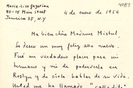 [Carta] 1956 ene. 4, New York [a] Gabriela Mistral, Roslyn Harbor, New York