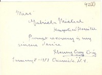 [Tarjeta] 1957 ene. 8, Ocenside, N. Y., [E.E.U.U.] [a] Gabriela Mistral, Hampstead Hospital