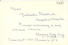[Tarjeta] 1957 ene. 8, Ocenside, N. Y., [E.E.U.U.] [a] Gabriela Mistral, Hampstead Hospital
