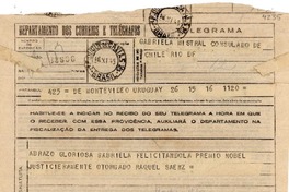 [Telegrama] 1945 nov. 16, Montevideo, Uruguay [a] Gabriela Mistral, Consulado de Chile, Rio DF, [Brasil]