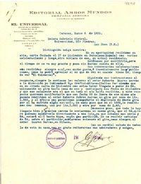 [Carta] 1933 mar. 6, Caracas [a] Gabriela Mistral, Río Piedras, San Juan, Puerto Rico