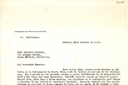 [Carta] 1947 oct. 17, Caracas [a] Gabriela Mistral, Santa Barbara, California