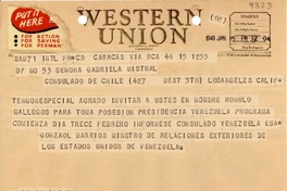 [Telegrama] 1948 ene. 15, Caracas, Estados Unidos de Venezuela [a] Gabriela Mistral, Cónsulado de Chile, Los Angeles, Calif., [EE.UU.]