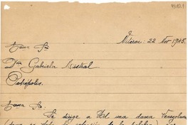 [Carta] 1945 nov. 22, Niteroi, [Brasil] [a] Gabriela Mistral, Petrópolis