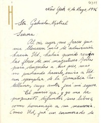 [Carta] 1946 mayo 5, New York [a] Gabriela Mistral