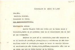 [Carta] 1948 abr. 26, Caracas, Venezuela [a] Gabriela Mistral, Los Ángeles, California