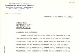 [Carta] 1952 abr. 23, Caracas, Venezuela [a] Gabriela Mistral, Napoli, Italia