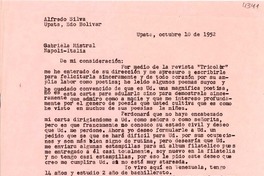 [Carta] 1952 oct. 10, Upata, Edo. Bolivar, Venezuela [a] Gabriela Mistral, Napoli, Italia