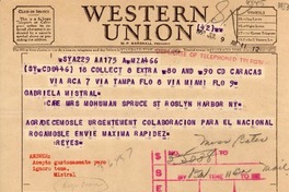 [Telegrama] 1953 jul. 9, Caracas [a] Gabriela Mistral
