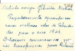 [Tarjeta] 1943 ene. 7, Ribeirao Preto, Brasil [a] Gabriela Mistral
