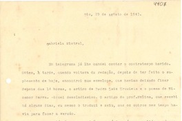 [Carta] 1943 ago. 29, Rio, [Brasil] [a] Gabriela Mistral