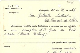 [Tarjeta] 1944 abr. 28, Petrópolis [a] Gabriela Mistral